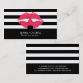 メイクアップアーティストクラシー白黒ストライプレッドリップ 名刺 (正面/裏面)