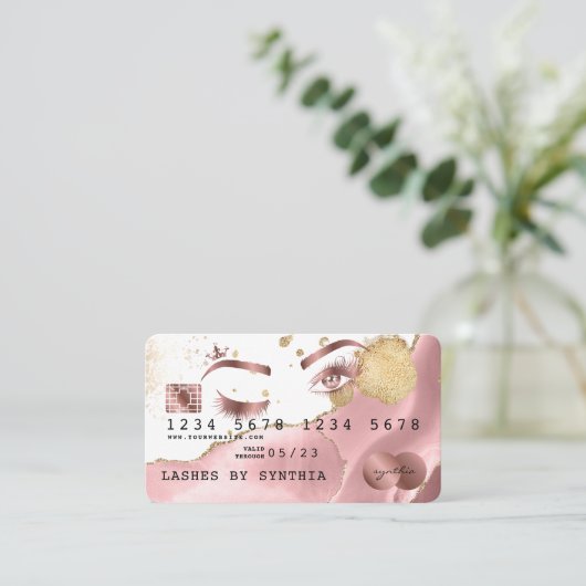 メイクアップアーティストクレジットカードスタイルの赤面ピンクアゲート 名刺 (スタンド正面)