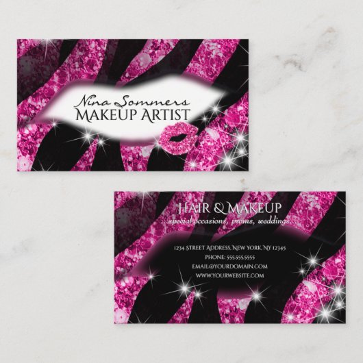 メイクアップアーティストグラムピンクグリッターリップゼブラプリント 名刺 (正面/裏面)
