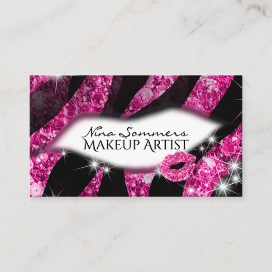 メイクアップアーティストグラムピンクグリッターリップゼブラプリント 名刺 (正面)