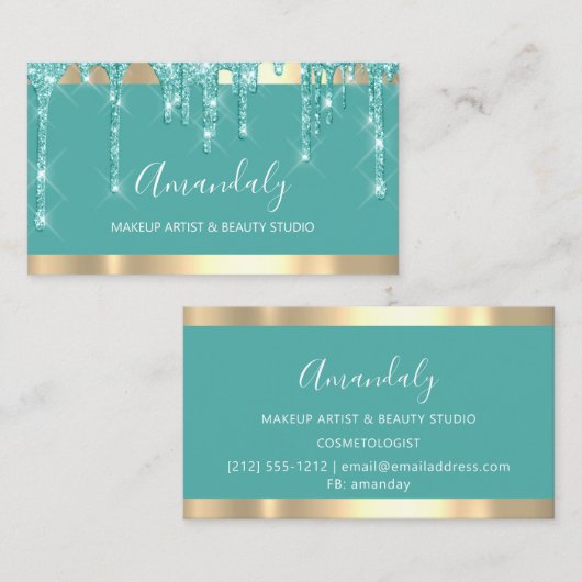 メイクアップアーティストグリッタードリップティール（緑がかった色）アクア爪、 ネイル 名刺 (正面/裏面)