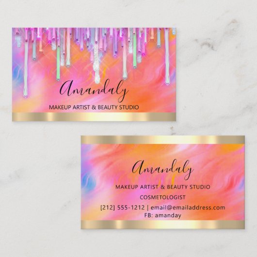 メイクアップアーティストグリッターピンクドリップホログラフ絵を描 名刺 (正面/裏面)