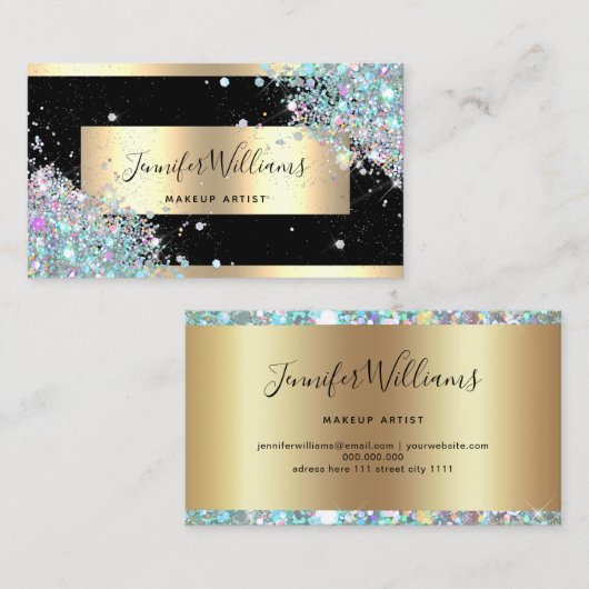 メイクアップアーティストグリッターホログラフィックグリッター金ゴールド 名刺 (正面/裏面)