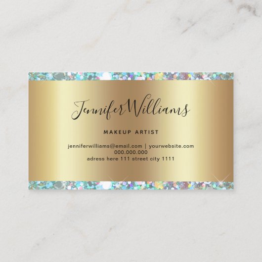 メイクアップアーティストグリッターホログラフィックグリッター金ゴールド 名刺 (裏面)