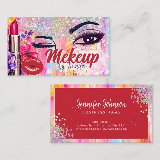 メイクアップアーティストサロンホログラフィックグリッター赤い唇 名刺 (正面/裏面)