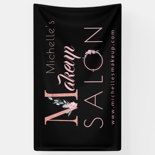 メイクアップアーティストサロン名シックなフローラピンクブラック 横断幕 (縦)