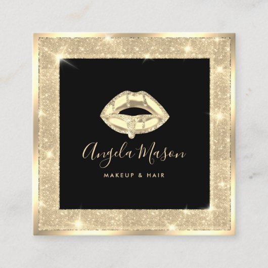 メイクアップアーティストシックサロンQRコードブラック金ゴールド ユニーク スクエア名刺 (正面)
