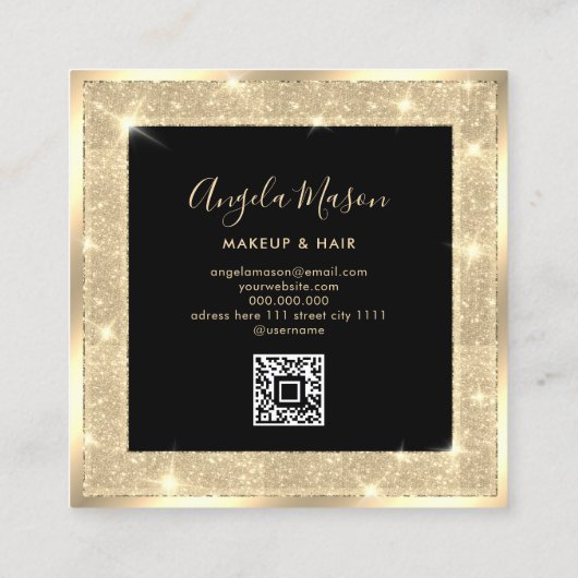 メイクアップアーティストシックサロンQRコードブラック金ゴールド ユニーク スクエア名刺 (裏面)