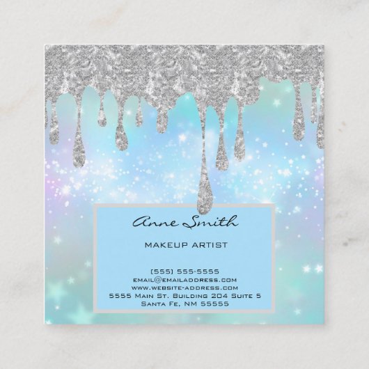 メイクアップアーティストシルバーグリッタードリップオンブルー スクエア名刺 (裏面)