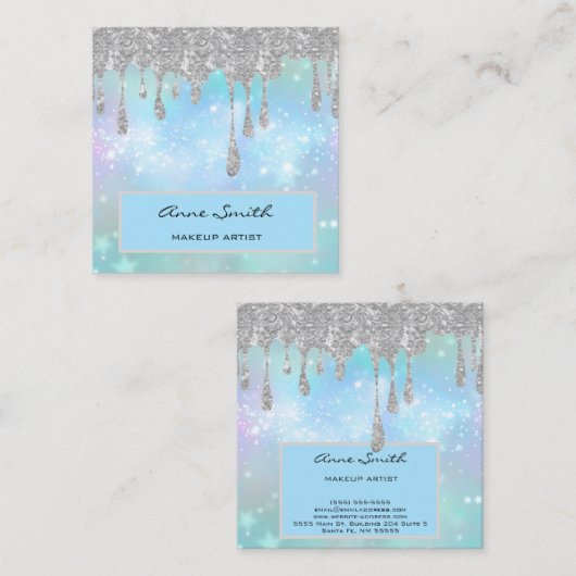 メイクアップアーティストシルバーグリッタードリップオンブルー スクエア名刺 (正面/裏面)