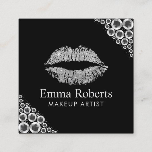 メイクアップアーティストシルバーグリッターリップモダンサロン スクエア名刺 (正面)