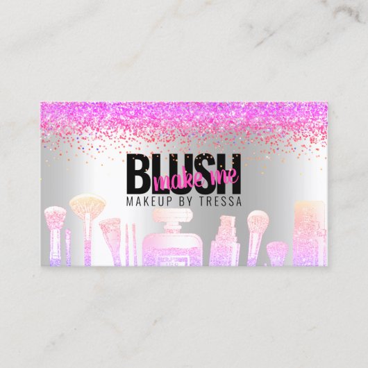 メイクアップアーティストシルバーグリッター+ホットピンクグラデーション宝石 名刺 (正面)