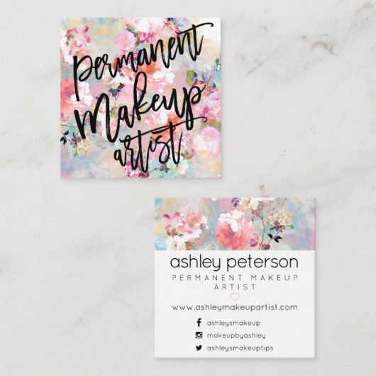 メイクアップアーティストタイポグラフィモダンフローラ水彩 スクエア名刺 (正面/裏面)