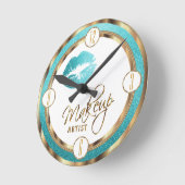 メイクアップアーティストティール（緑がかった色）唇と金ゴールドと白 ラウンド壁時計 (傾斜)