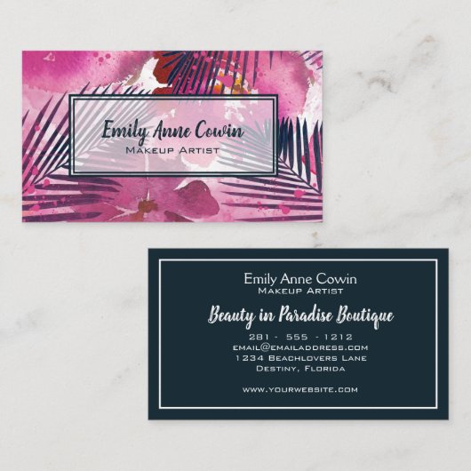 メイクアップアーティストトレンディートロピカルパームピンクフローラ 名刺 (正面/裏面)