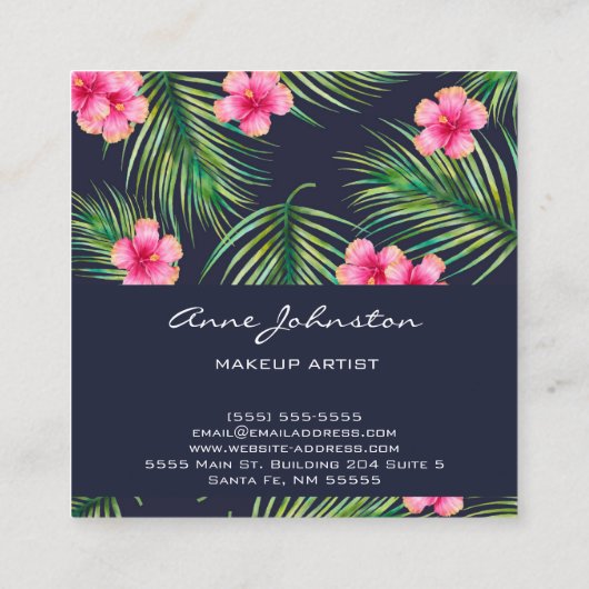 メイクアップアーティストネイビーグリーンファーントロピカルピンクフラワー スクエア名刺 (裏面)