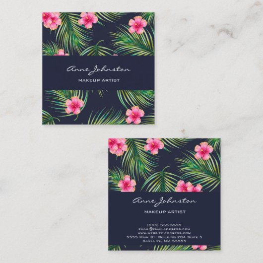 メイクアップアーティストネイビーグリーンファーントロピカルピンクフラワー スクエア名刺 (正面/裏面)