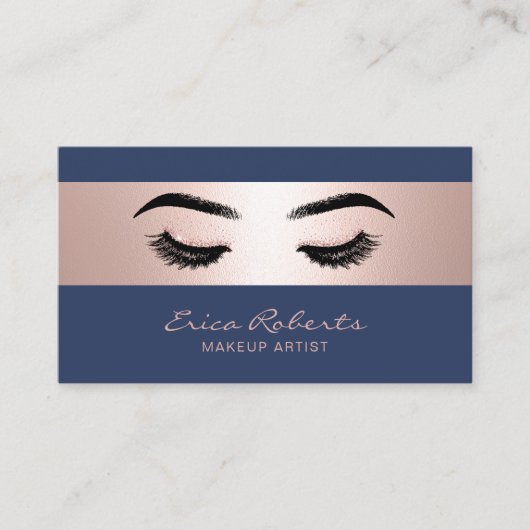 メイクアップアーティストバラストライプ金ゴールドネイビー美しいサロン 名刺 (正面)