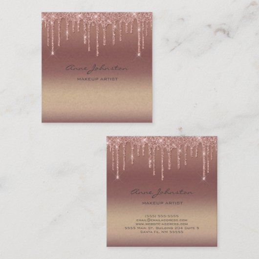 メイクアップアーティストバラ金ゴールドピンクグリッターとスパークル スクエア名刺 (正面/裏面)