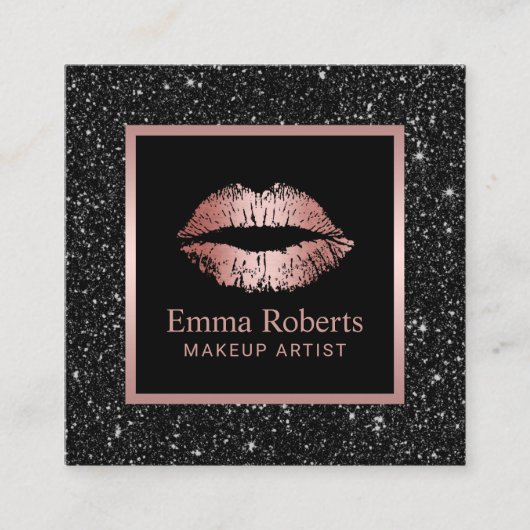 メイクアップアーティストバラ金ゴールドリップブラックグリッターサロン スクエア名刺 (正面)
