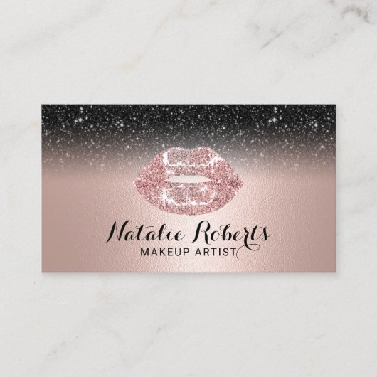 メイクアップアーティストバラ金ゴールドリップブラックグリッターサロン 名刺 (正面)