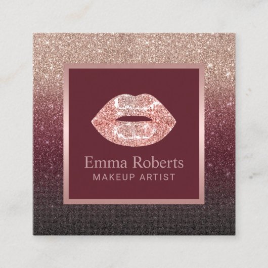 メイクアップアーティストバラ金ゴールドリップブルガンディーレッドグリッター スクエア名刺 (正面)