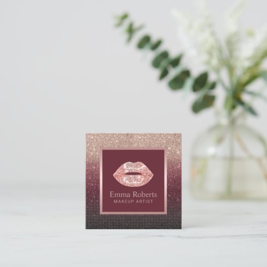 メイクアップアーティストバラ金ゴールドリップブルガンディーレッドグリッター スクエア名刺 (スタンド正面)