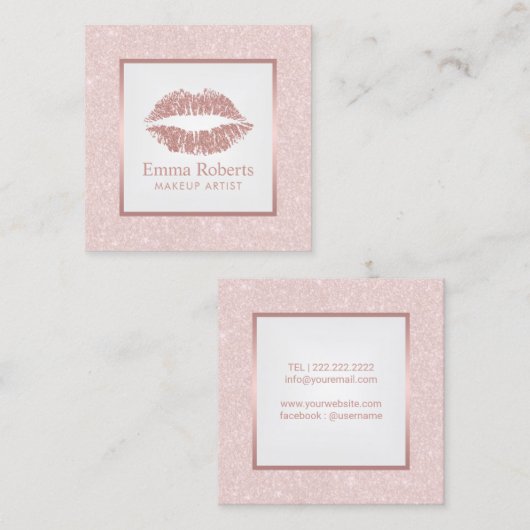 メイクアップアーティストバラ金ゴールドリップ赤面ピンクグリッター スクエア名刺 (正面/裏面)