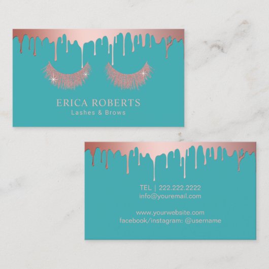 メイクアップアーティストバラ金ゴールド滴下まつげターコイズ 名刺 (正面/裏面)