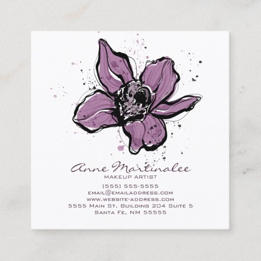 メイクアップアーティストパープルウォーターカラー花 スクエア名刺 (裏面)