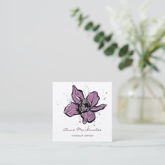 メイクアップアーティストパープルウォーターカラー花 スクエア名刺 (スタンド正面)