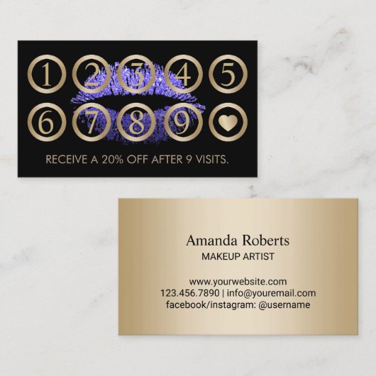 メイクアップアーティストパープルグリッターリップサロンロイヤリティ ロイヤリティカード (正面/裏面)