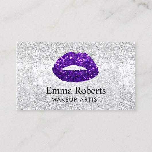 メイクアップアーティストパープルグリッターリップモダンシルバー 名刺 (正面)