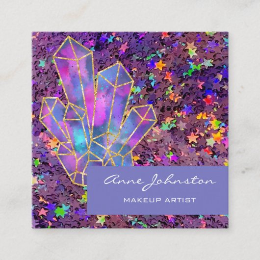 メイクアップアーティストパープルスターグリッター結晶 スクエア名刺 (正面)