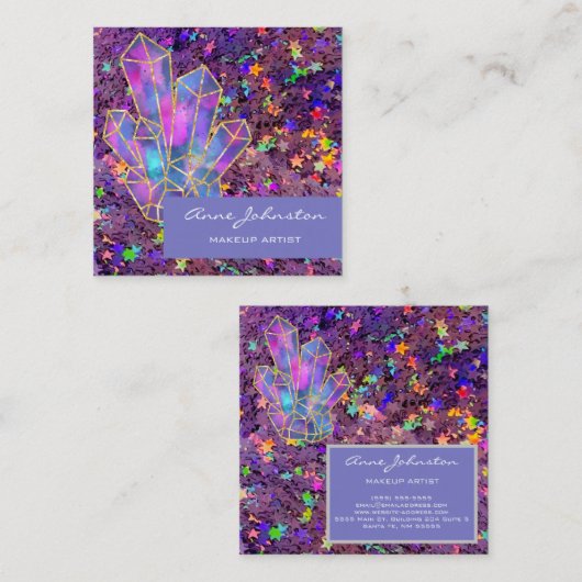 メイクアップアーティストパープルスターグリッター結晶 スクエア名刺 (正面/裏面)