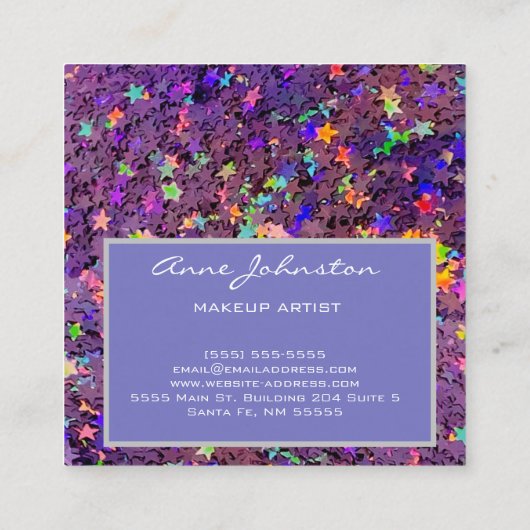 メイクアップアーティストパープルスターグリッター スクエア名刺 (裏面)