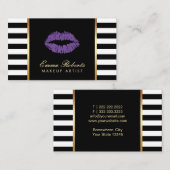 メイクアップアーティストパープルリップモダンブラックストライプ 名刺 (正面/裏面)