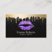 メイクアップアーティストパープルリップ金ゴールドドリップスモダンブラック 名刺 (正面)