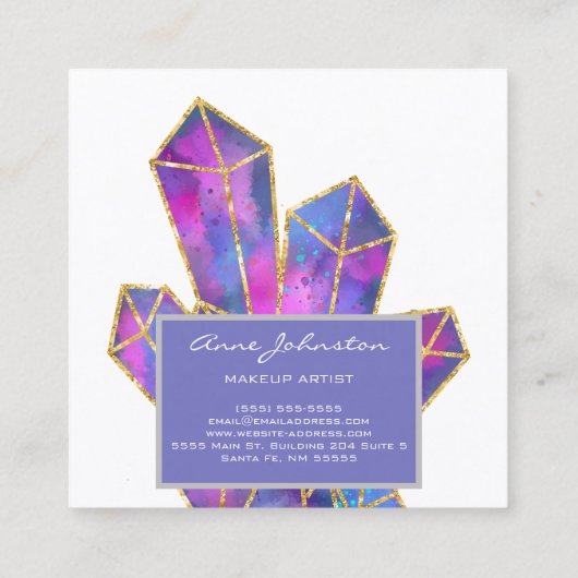 メイクアップアーティストパープル金ゴールドグリッター結晶 スクエア名刺 (裏面)