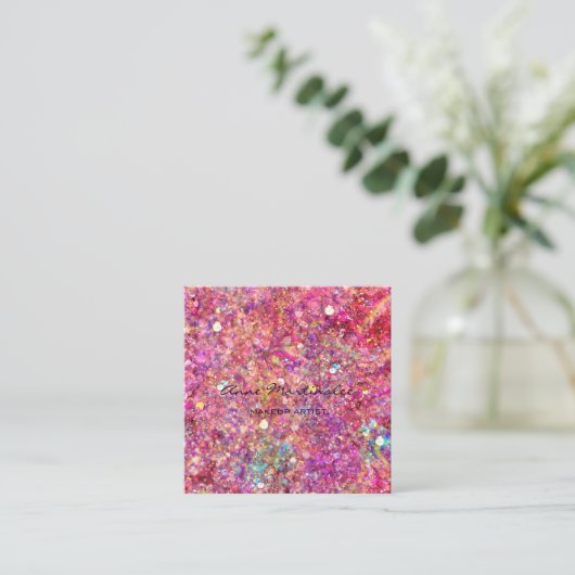 メイクアップアーティストピンクグリッタースクエアビジネスカード スクエア名刺 (スタンド正面)