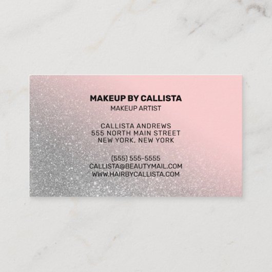 メイクアップアーティストピンクシルバーグリッタータイポグラフィ 名刺 (裏面)