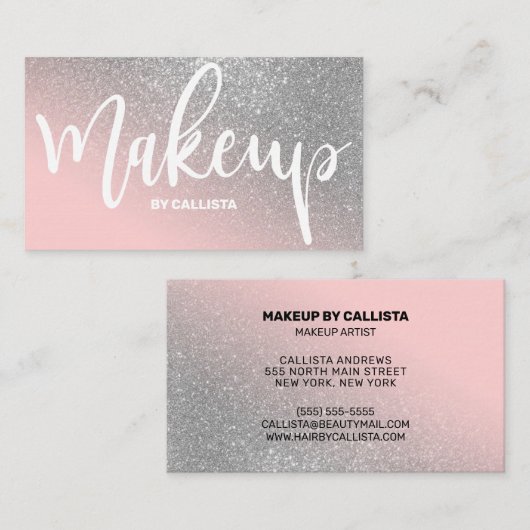 メイクアップアーティストピンクシルバーグリッタータイポグラフィ 名刺 (正面/裏面)