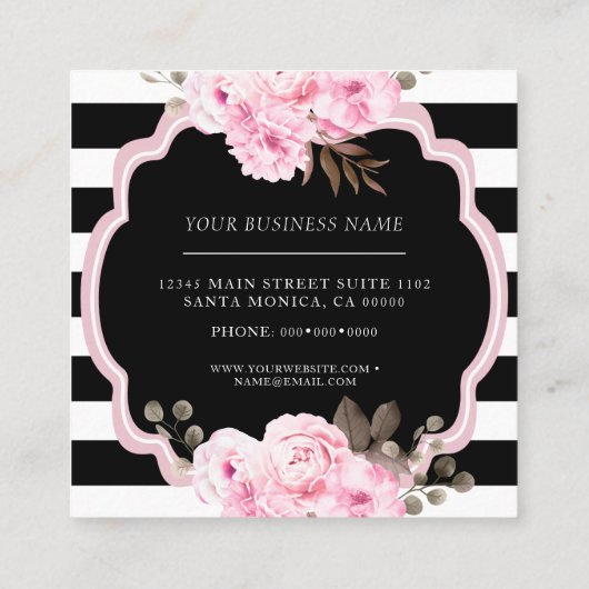 メイクアップアーティストピンクフローラブラックストライプ スクエア名刺 (裏面)