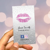 メイクアップアーティストピンクリップシックなシルバーグリッターサロン 名刺