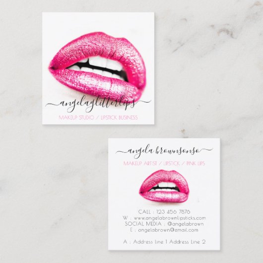 メイクアップアーティストピンクリップシンプル スクエア名刺 (正面/裏面)