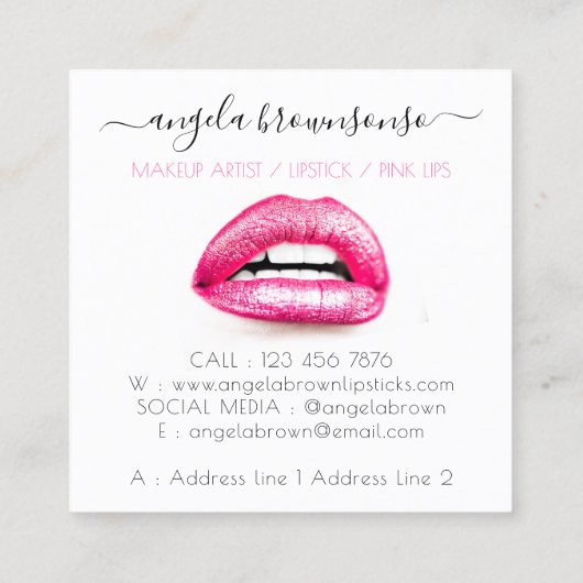 メイクアップアーティストピンクリップシンプル スクエア名刺 (裏面)