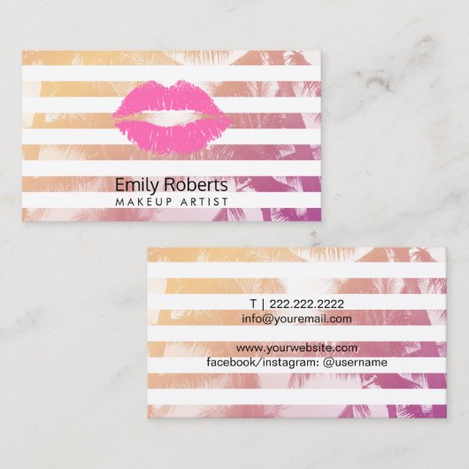 メイクアップアーティストピンクリップトレンディーストライプトロピカル 名刺 (正面/裏面)
