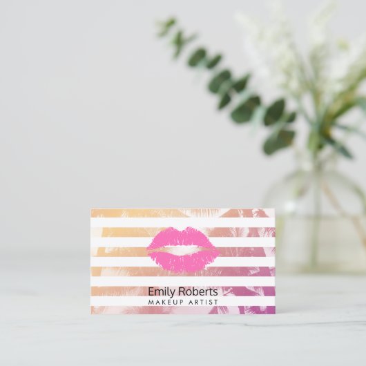 メイクアップアーティストピンクリップトレンディーストライプトロピカル 名刺 (スタンド正面)