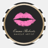 メイクアップアーティストピンクリップモダン白黒ストライプ ラウンドシール (正面)