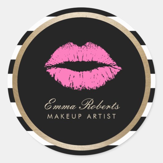 メイクアップアーティストピンクリップモダン白黒ストライプ ラウンドシール (正面)